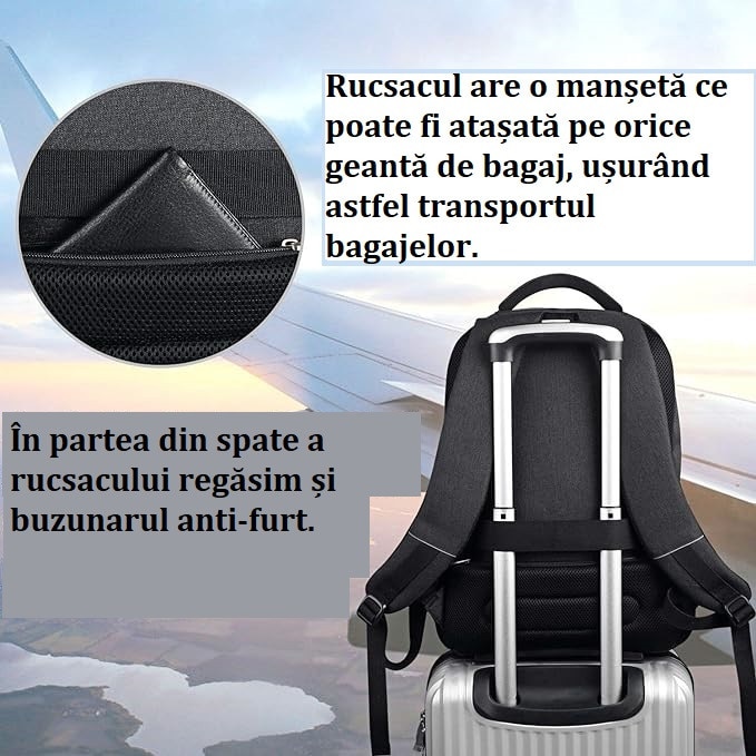 Rucsac Negru, Alcatuit din 4 Compartimente, Slot USB Pentru Incarcare, Material Impermeabil, Benzi Reflectorizante, Multitudine de Buzunare, Fabricat din Materiale de Calitate Superioara, Aspect Modern si Atractiv