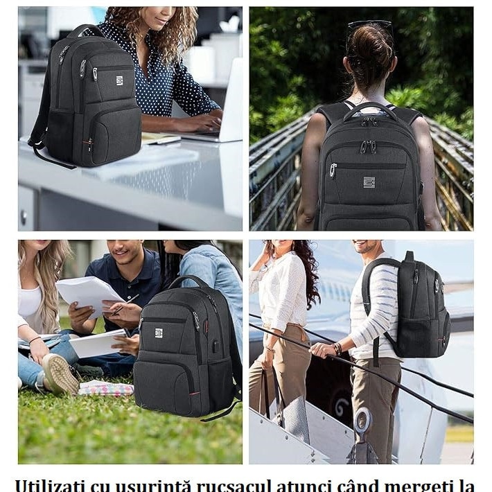Rucsac Negru, Alcatuit din 4 Compartimente, Slot USB Pentru Incarcare, Material Impermeabil, Benzi Reflectorizante, Multitudine de Buzunare, Fabricat din Materiale de Calitate Superioara, Aspect Modern si Atractiv