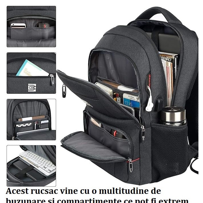Rucsac Negru, Alcatuit din 4 Compartimente, Slot USB Pentru Incarcare, Material Impermeabil, Benzi Reflectorizante, Multitudine de Buzunare, Fabricat din Materiale de Calitate Superioara, Aspect Modern si Atractiv