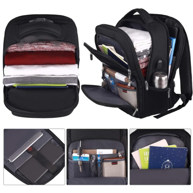 Rucsac Negru, Alcatuit din 4 Compartimente, Slot USB Pentru Incarcare, Material Impermeabil, Benzi Reflectorizante, Multitudine de Buzunare, Fabricat din Materiale de Calitate Superioara, Aspect Modern si Atractiv