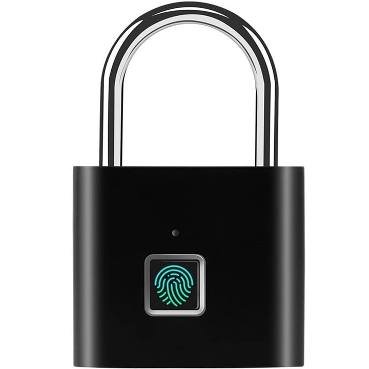 Lacat cu amprenta digitala, Axroad Mall, Pana la 10 amprente, Deblocare rapida in 0.5 secunde, Anti-furt, Rezistent la apa, Indicator nivel scazut baterie, Incarcare USB, Aliaj de zinc, 46x13x76mm, Negru