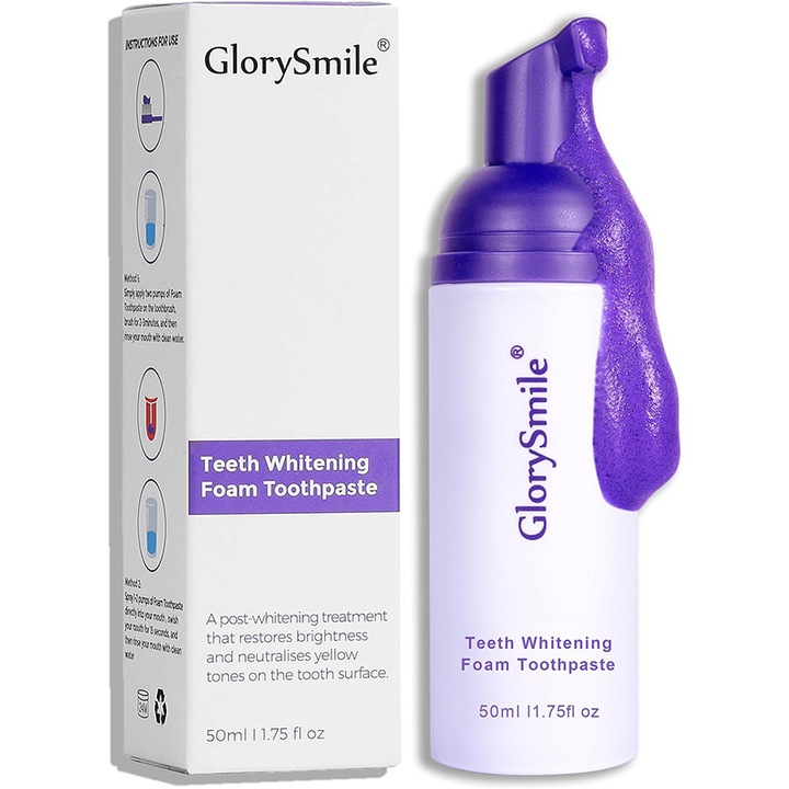 Fogkrém, Glory Smile, hab formájában, színkorrekciós hatással, lila, 50 ml
