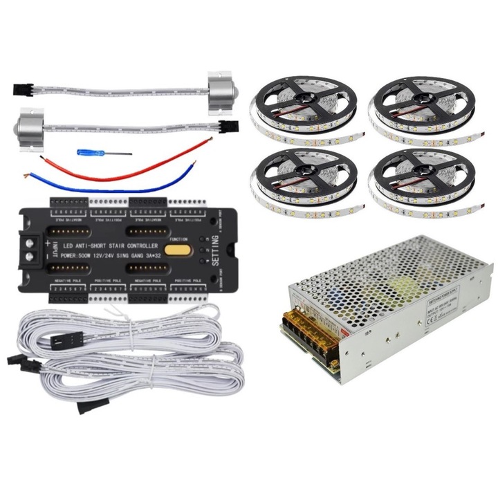 Kit iluminat inteligent 32 scari / trepte, senzori miscare, Banda LED 20ml, sursa alimentare, Alb Rece