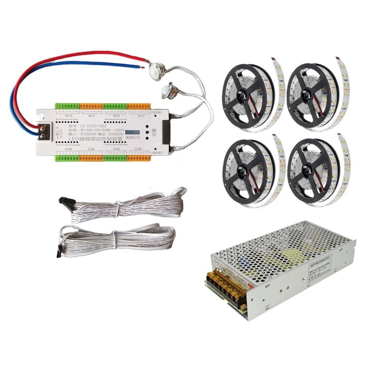 Kit iluminat scari inteligent 32 trepte, senzori miscare, Banda LED, sursa alimentare, Alb Neutru
