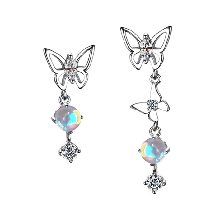 Дамски обеци, Пеперуда, Циркон, Лунен камък, Асиметрични, Сребрист