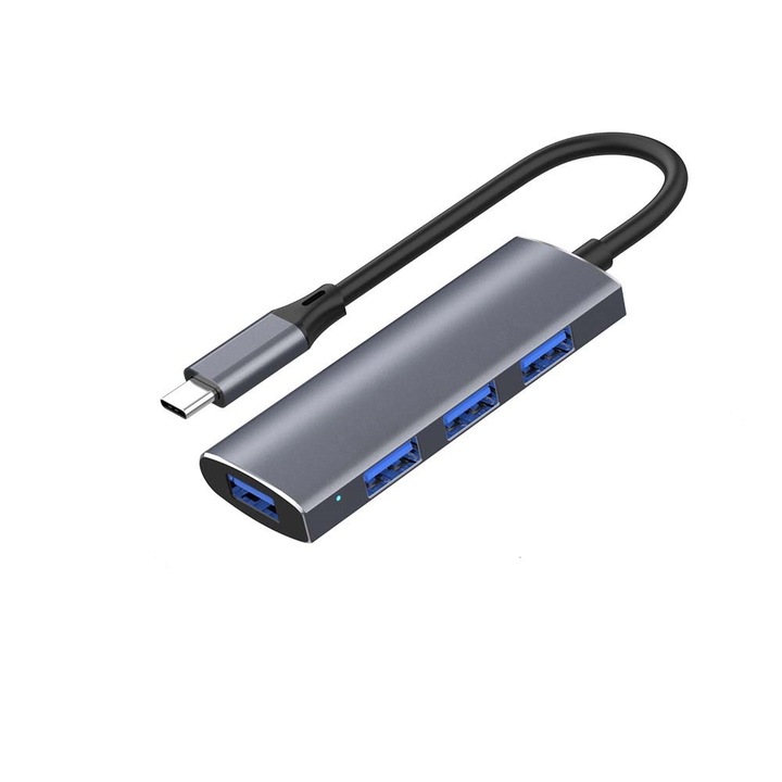 Hub 4in1, ABS/Aluminiu, USB 3.0 / USB 2.0, Up to 5Gbps, Plug & Play, Argintiu, Hub Adaptor Type-C, Compatibil Macbook