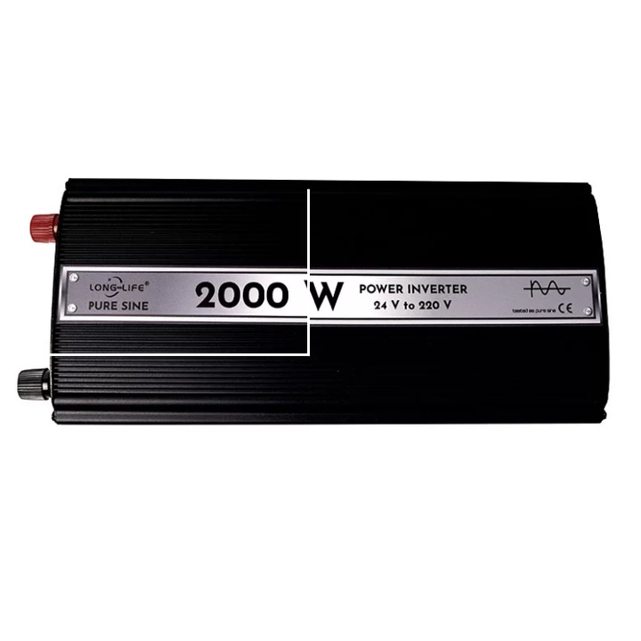 2000W инвертор, 24V-220V, Чисто синусоидален, 27 x 13 x 6 cm, Постоянна мощност 1100W, Черен