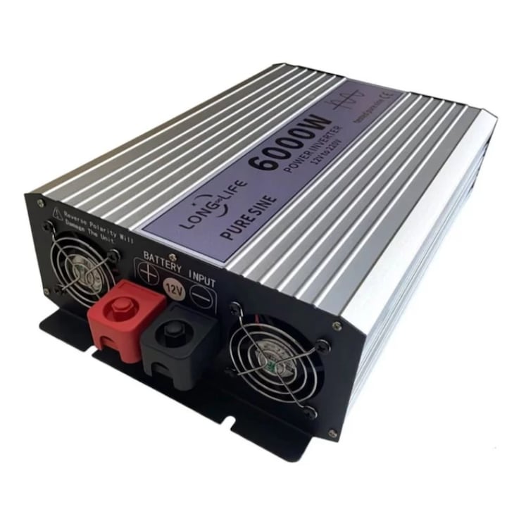 Чист синусоидален инвертор, Мощност 6000W, 12 V DDC, Изход 220V, Защита от пренапрежение, 32 x 15 x 8 cm, Сребрист
