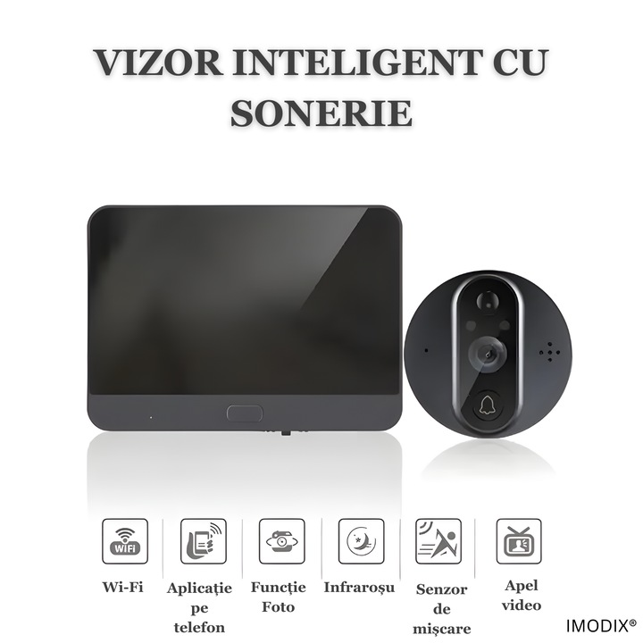 Vizor Inteligent Cu Sonerie, IMODIX®, Wi-Fi, Ecran LCD 4.3-inch, 2MP, Rezolutie HD 1080p, Video Call, Audio Bi-Directional, Infrarosu, Baterie 5000mAh, Senzor Miscare, Slot SD card, Aplicatie Pe Telefon, Supraveghere 24/7, Usor De Instalat, Gri