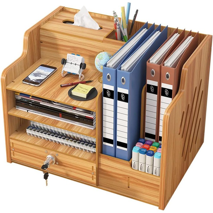 Organizator pentru birou, NUODWELL, Din lemn, cu sertare si cutie de servetele, usor de asamblat si curatat, capacitate mare, tine capsator, pix/creion, hartie A4, mape, maro