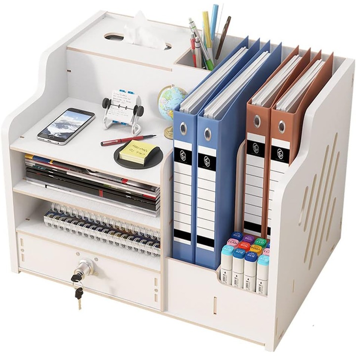 Organizator pentru birou, NUODWELL, Din lemn, cu sertare si cutie de servetele, usor de asamblat si curatat, capacitate mare, tine capsator, pix/creion, hartie A4, mape, alb