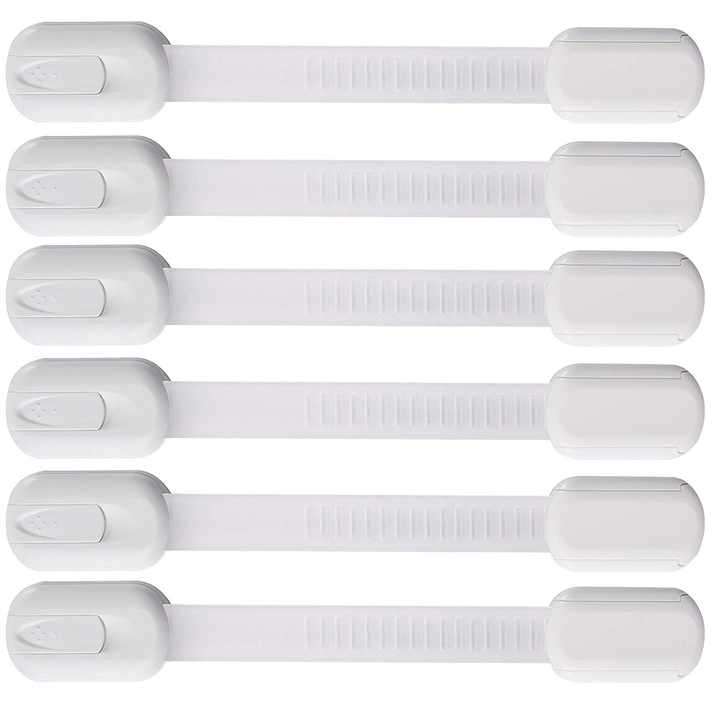 Set 6 Sistem siguranta copii, ajustabile pe lungime, dulap, frigider, blocator sertare, usa cuptor, previne deschiderea accidentala, adeziv puternic 3M, sistem de Inchidere dublu, JENUOS®