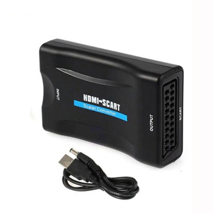 HDMI към Scart адаптер, активен, Full HD, аналогов към цифров аудио-видео конвертор, USB 5V захранващ кабел, съвместим лаптоп / компютър / телевизор / DVD / видео, черен