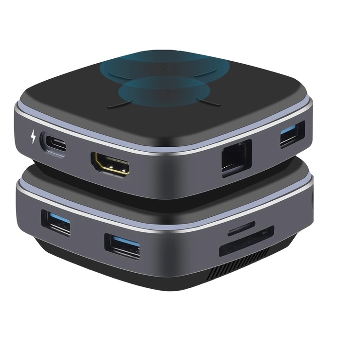 Hub adaptor USB-C, statie de andocare 9 in 1cu HDMI 4K, LAN RJ45, PD 100W, 3 USB-A 3.0, Cititor SD / TF, pentru transfer de date USB-C