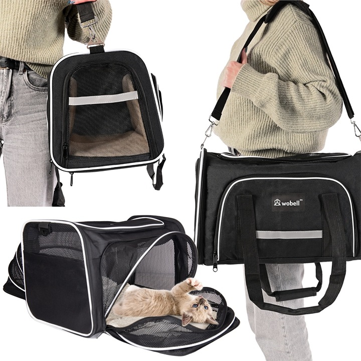 Geanta de transport, pentru caine/ pisica, negru, pana la 8 kg