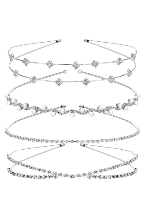 Тиара на принцеса, JENOUS, 4 комплекта, булчинска тиара, искрящи кристали, перли, сребрист