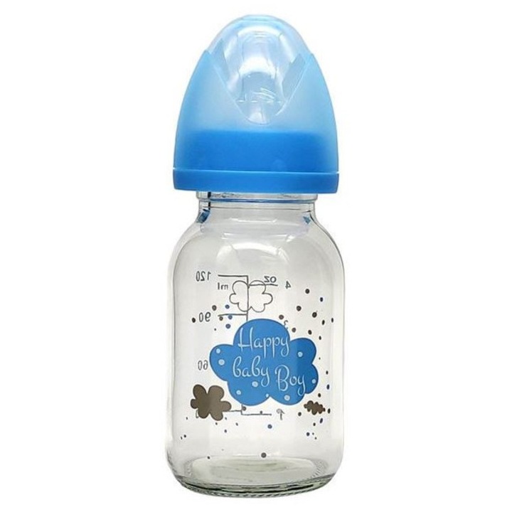 Biberon din sticla cu gat ingust si tetina din silicon, marimea S, Fara BPA, fara ftalati si PVC, albastru