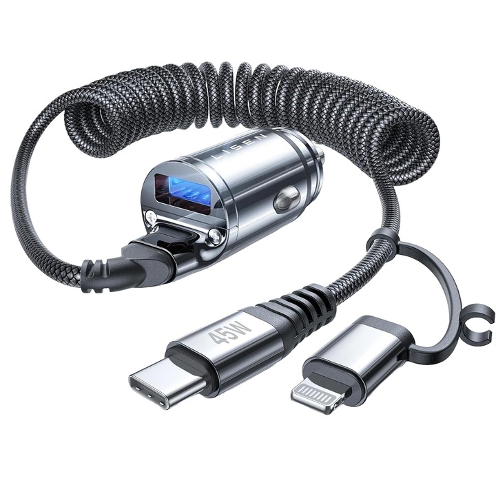 Gyorstöltő autós töltő 90W 12V~24V, PD&QC, 3 m-es USB C kábellel és integrált Lightning adapterrel, iPhone 15, Google Nexus, Samsung, Android és IOS készülékekhez