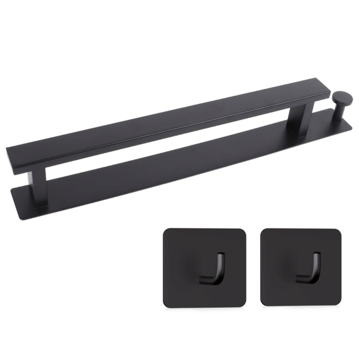 Suport prosop multifunctional cu cuier si 2 carlige, Metal, Negru