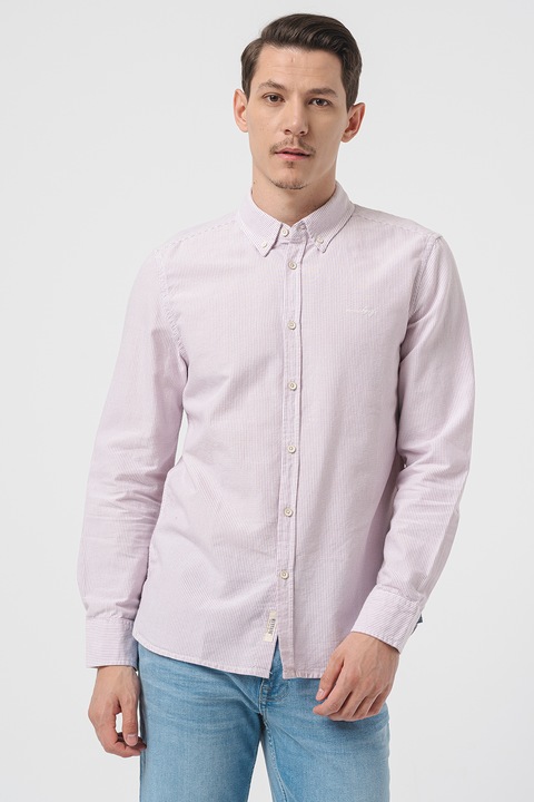 Mustang, Camasa cu guler fixat cu nasturi si model in dungi Edinburg, Alb/Roz prafuit