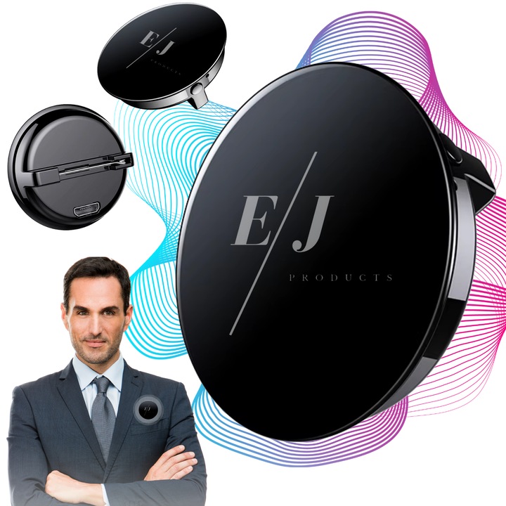 Mini reportofon spion tip insigna pin, EJ PRODUCTS, model Q3, 16 GB, activare vocala, autonomie 15 de ore, standby 30 de zile, inregistrare 340 de ore, calitate inalta a inregistrarii, design unic si elegant, negru