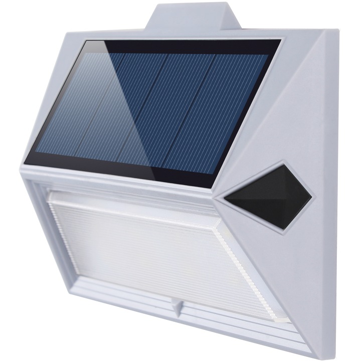 Lampa solara LED Ecoplanet perete/gard/stalp + senzor de lumina "VEGA", 2W (10W), Incarcare in 4-6 ore, Functionare 8-10 ore, Panou solar 5V, Acumulator 1.2V 800MAH, 150X100X50MM, 6500K, IP44