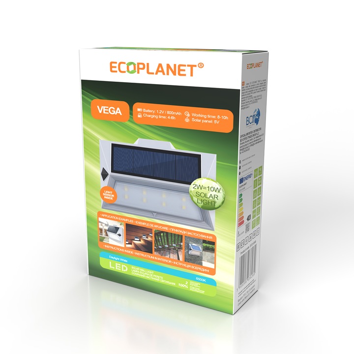 LED соларна лампа Ecoplanet стена/ограда/стълб + сензор за светлина "VEGA", 2W (10W), Зареждане 4-6 часа, Работа 8-10 часа, Соларен панел 5V, Акумулатор 1.2V 800MAH, 150X100X50MM, 6500K, IP44