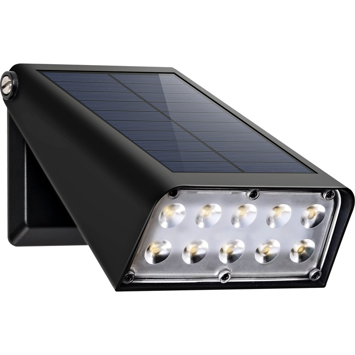 Lampa solara LED Ecoplanet ajustabila perete/gard/stalp + senzor de lumina "CENTAURI", Incarcare in 5-6 ore, Functionare 6-12 ore, Panou solar 5V, Acumulator 3.7V 1200MAH, 170X120X60MM, 6500K, IP44