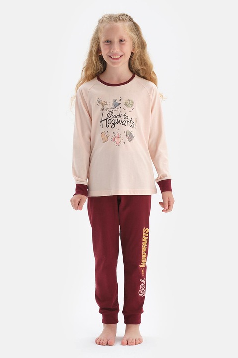 DAGI, Pijama cu pantaloni lungi cu model grafic, Visiniu/Piersica, 116 CM