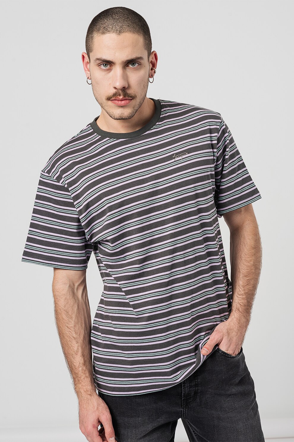 Denim Project, Tricou cu dungi si decolteu la baza gatului, Lila, Gri inchis, Menta, S