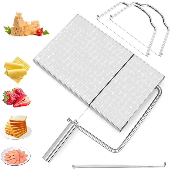Taiator de branza din otel inoxidabil, Latauar, 6 fire de schimb, scara de dimensiune precisa, argintiu