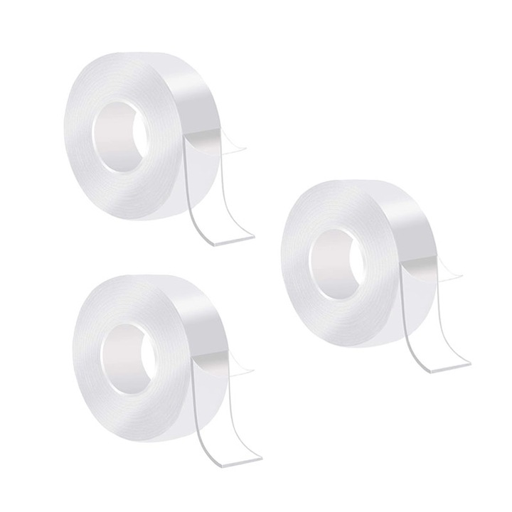 Set 3 benzi duble, Izolanta, Impermeabila, Reutilizabila, Tehnologie Nano, latime 3 cm, lungime 5 metri, Transparent