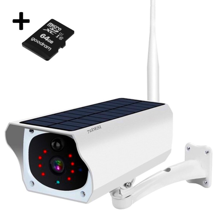 72DESI WIFI камера за наблюдение, 2 MP + 4x електронно увеличение, FullHD 1920x1080p, соларен панел с 2 батерии 18650mAh, мобилно приложение, водоустойчива IP67, PIR сензор за движение, инфрачервено виждане, 64 Gb карта