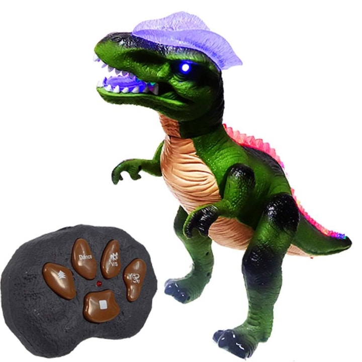 Figurina Dinozaur cu telecomanda, Simply joy, jucarie cu lumini si sunet, 38 cm, Verde
