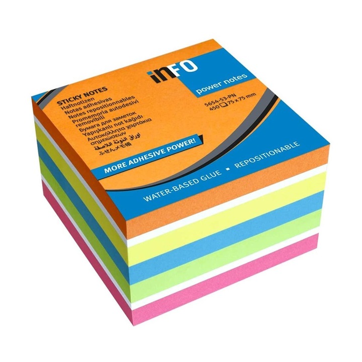 Blocnotes autoadeziv, 75x75mm, 450 coli, Info Note portocaliu intens, galben, albastru, verde, roz