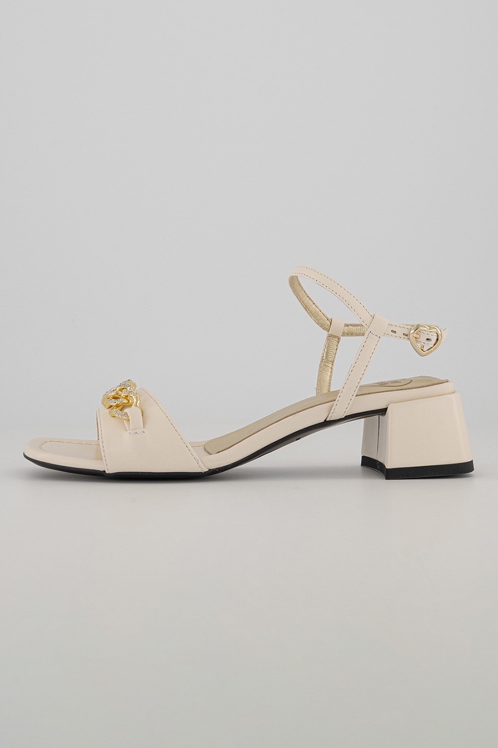 Love Moschino, Sandale de piele cu lant cu inimi, Alb murdar, 36