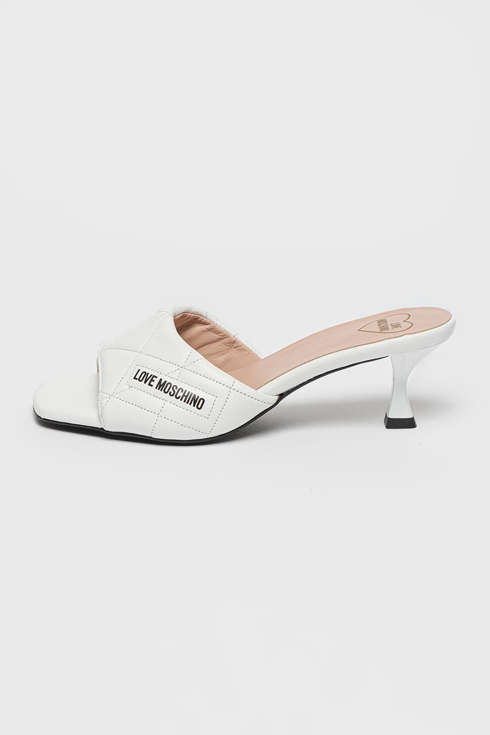 Love Moschino, Papuci de piele cu toc si logo, Alb optic, 39 - eMAG.ro