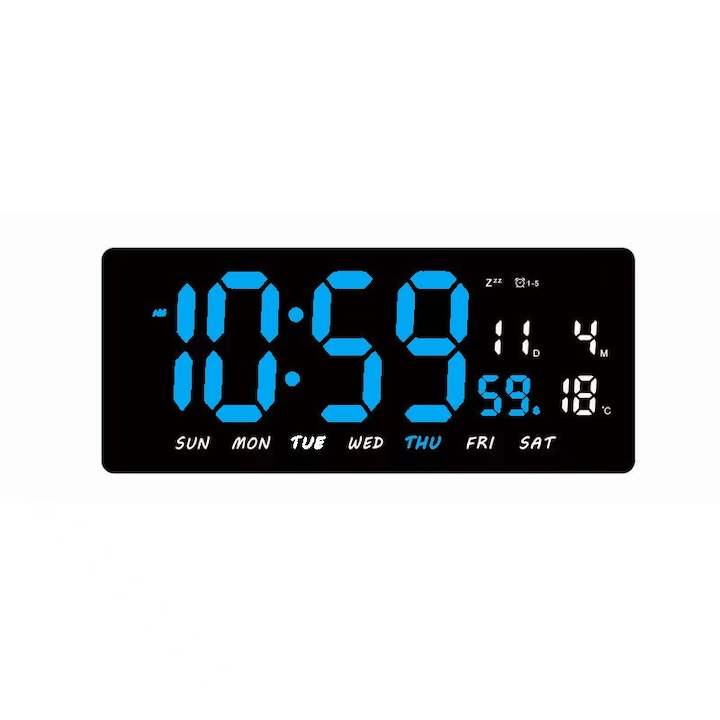Ceas Digital de Masa si Perete 36x16cm cu LED Albastru – Calendar, Temperatura, Alarma, Snooze si Luminozitate Ajustabila, Tehnologie Fara Umbre