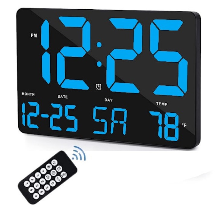 Ceas Digital de Masa si Perete 25x16cm cu LED Albastru, Calendar, Temperatura, Alarma, Termometru si Functie Snooze, Luminozitate Ajustabila