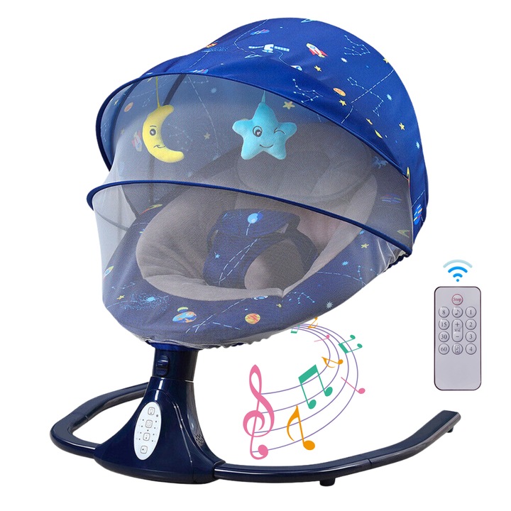 Многофункционална електрическа бебешка люлка VisionHub, Bluetooth връзка с дистанционно управление, регулируем интензитет с 4 скорости, играчки и мелодии, със сгъваем покрив и мрежа против комари, син
