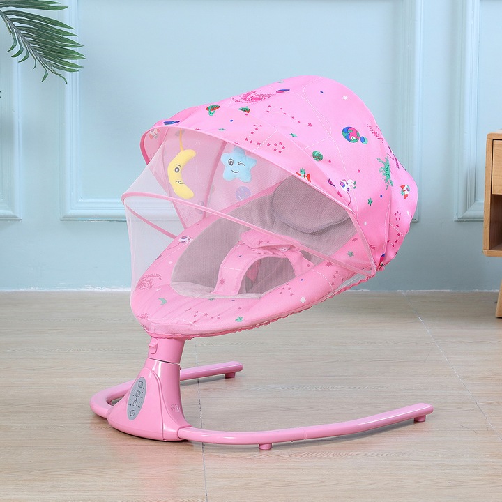 Leagan Electric Multifunctional Pentru Bebelusi, VisionHub®, Conexiune Bluetooth cu Telecomanda, Intensitate Reglabila cu 4 viteze, Jucarii si Melodii, cu Acoperis Rabatabil si Plasa Protectie Tantari, Roz