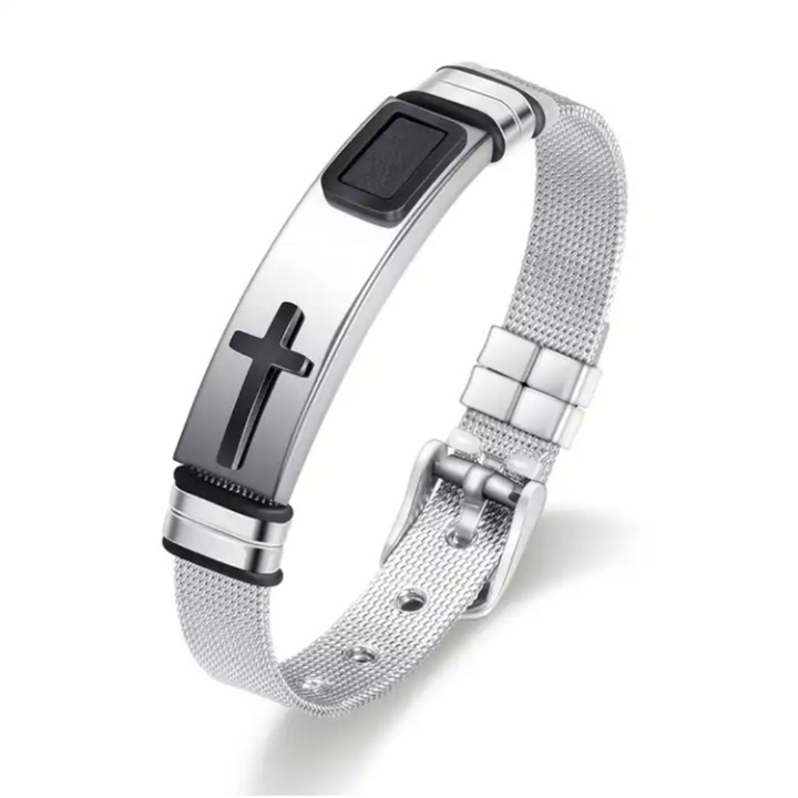 Bratara otel inoxidabil model silver cu simbol Cruce, design minimalist, purtare zilnica, rezistenta la oxidare, cadou unisex, simbol crestin