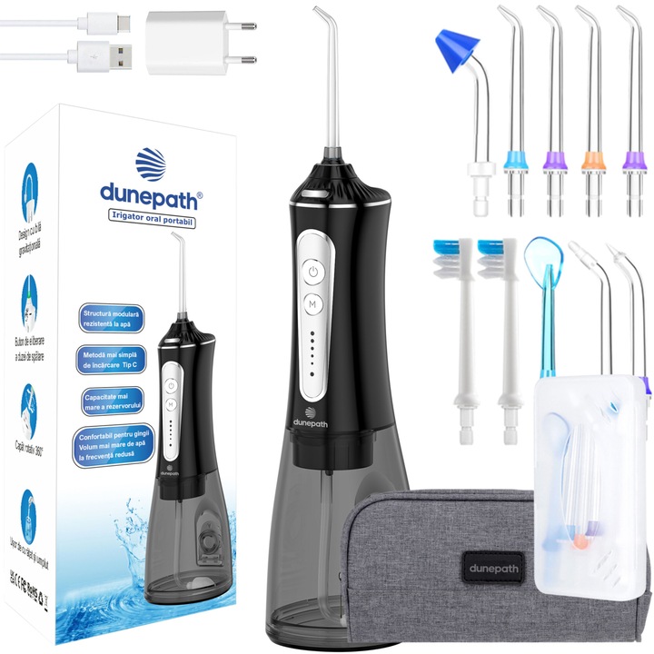 Irigator Oral Profesional pentru Dus Bucal, Dunepath®, Cablu USB-C pentru incarcare, Rezistenta la apa IPX7, Protectie supraincalzire, 300 ml, 5 trepte de presiune, 2500 mAh, Adaptor, Geanta transport, Carcasa cu 10 duze incluse, Negru