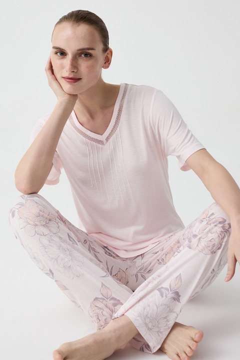 OVS, Pijama cu pantaloni cu imprimeu floral, Roz pal