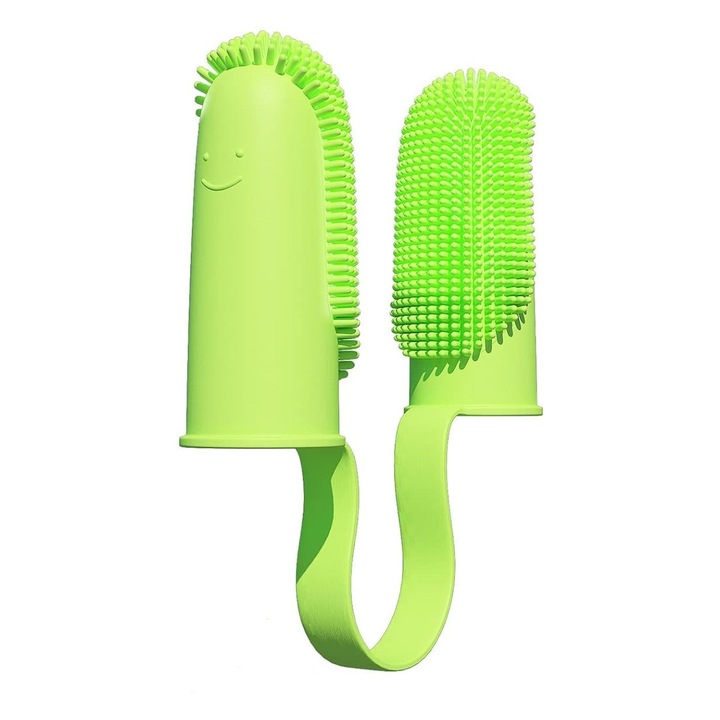 Periuta de dinti pentru 2 degete, din silicon moale, pentru caini si pisici, Verde