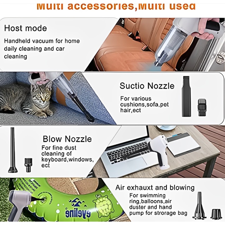 3 az 1-ben hordozható porszívó, szívás és fújás, otthon és autóban használható, 120 W, USB C töltőakkumulátor