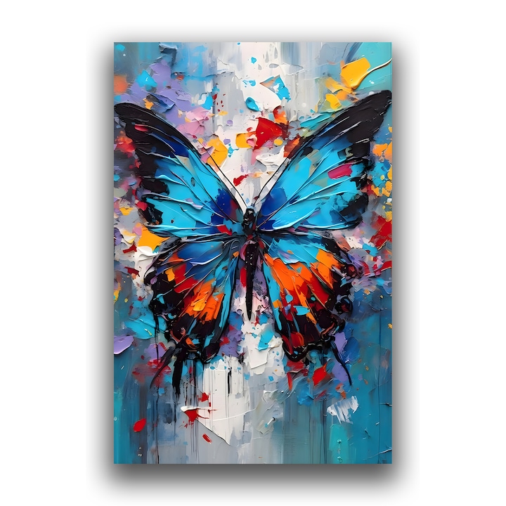 Първокласна картина на платно, LuxCanva® B1109, Синя пеперуда, 60 X 90 CM, 100% памучно платно 400g/m2, Дървена рамка, Всекидневна, Пеперуда, Синя, Цветна, Крила, Живи цветове