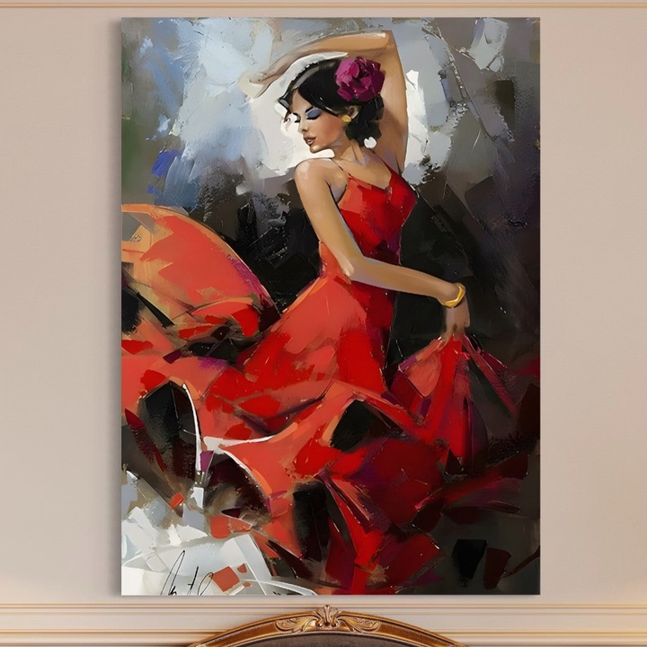 Prémium vászonfestmény, LuxCanva B1112, Balerina tánca piros ruhában, 50 X 70 CM, 100% pamut vászon 400g/m2, Fakeret, Nappali, Balerina, Táncosok, Színpad, Balett, Művészet, Hálószoba, Tánc, Élénk színek