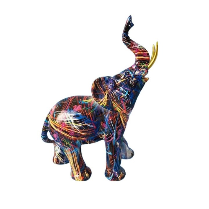 Statueta Decorativa Elefant, Model Colorful, cu trompa in sus, decoratiune de interior, dimensiune 26 x 25 x 11 cm, simbol al bogatiei si prosperitatii