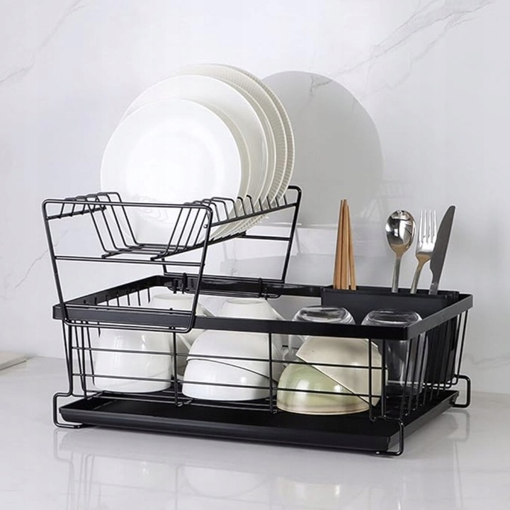 Scurgator de vase cu suport tacamuri, doua niveluri, BX14049, 43 x 29 x 27cm, negru, ruhhy